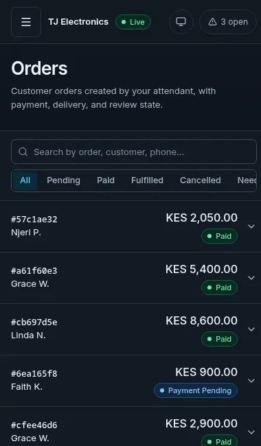TJ Electronics orders showing customers, KES totals, paid orders, and payments still waiting
