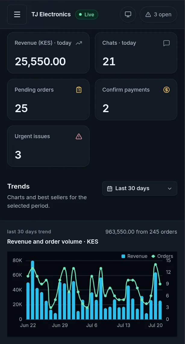 Jibisha Overview for an example shop showing sales recorded, money collected, expenses recorded, outstanding balance and active work