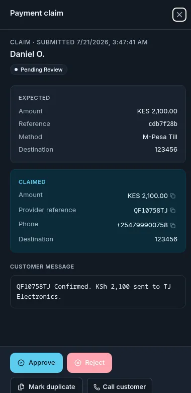 A Jibisha payment claim showing the expected amount, claimed amount, M-Pesa message and approve or reject actions